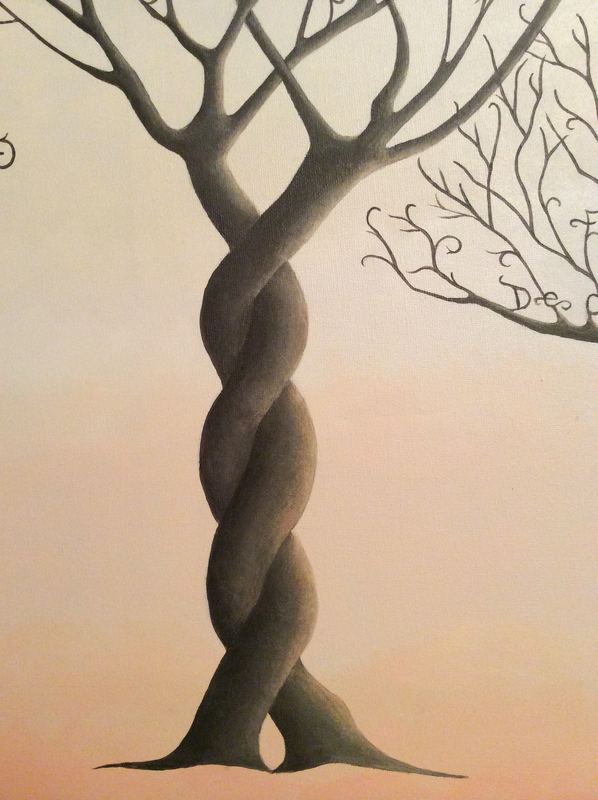 Two trunks, twisted together. Detail from a commissioned tree