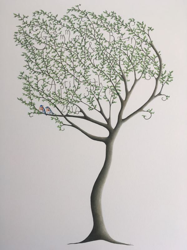 A wedding tree. Two names and the wedding date, with a pair of bluebirds