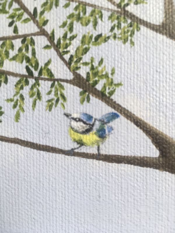 A blue tit on a branch. Detail from a tree painting