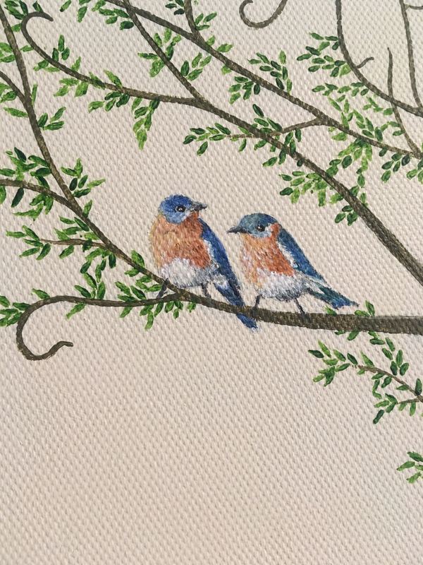 A pair of bluebirds. Detail from a commissioned wedding tree
