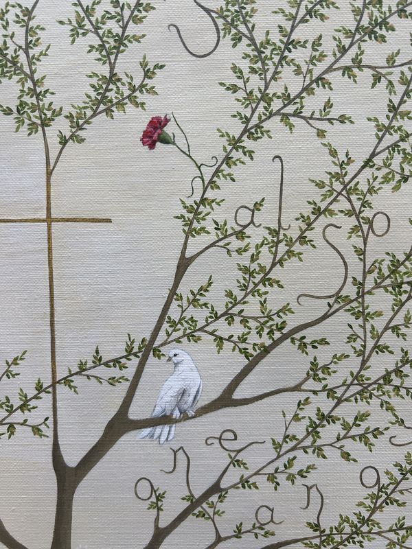 A dove beside a gold cross. Detail from a tree painting