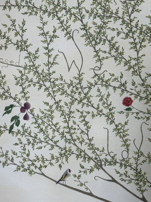 A goldfinch, a rose and ripe fruit. Detail from a tree painting