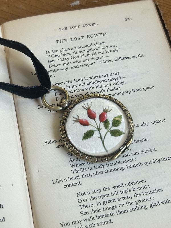 Rosehips. In a paste-set locket on a velvet ribbon